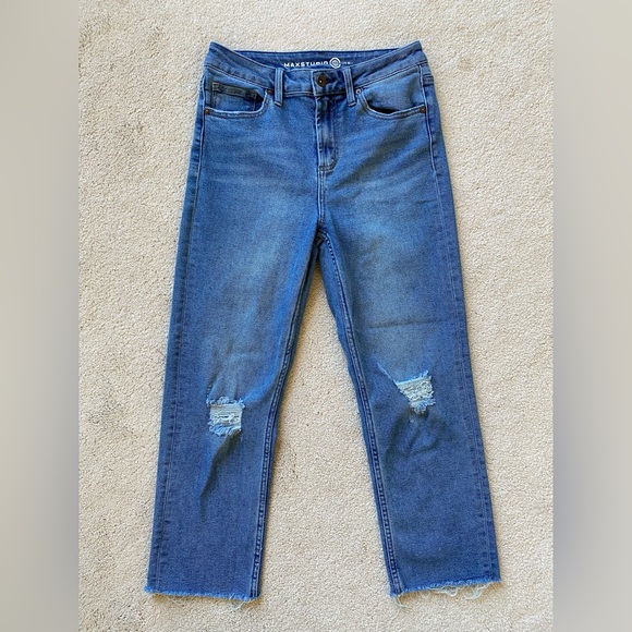MAX STUDIO High Rise Straight Distressed Cut Off Hem Stretch Denim Jeans Size 6 - Picture 1 of 16